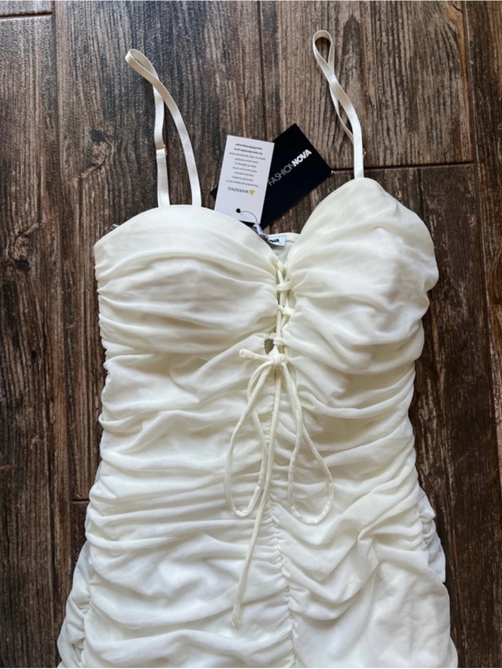 Fashion Nova Off-White Ruched Lace-Up Spaghetti Strap Midi Dress